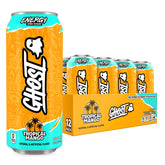 GHOST Tropical Mango front packaging showing 12-pack and benefits