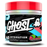 GHOST hydration tub front view showing kiwi strawberry flavor and servings benefit