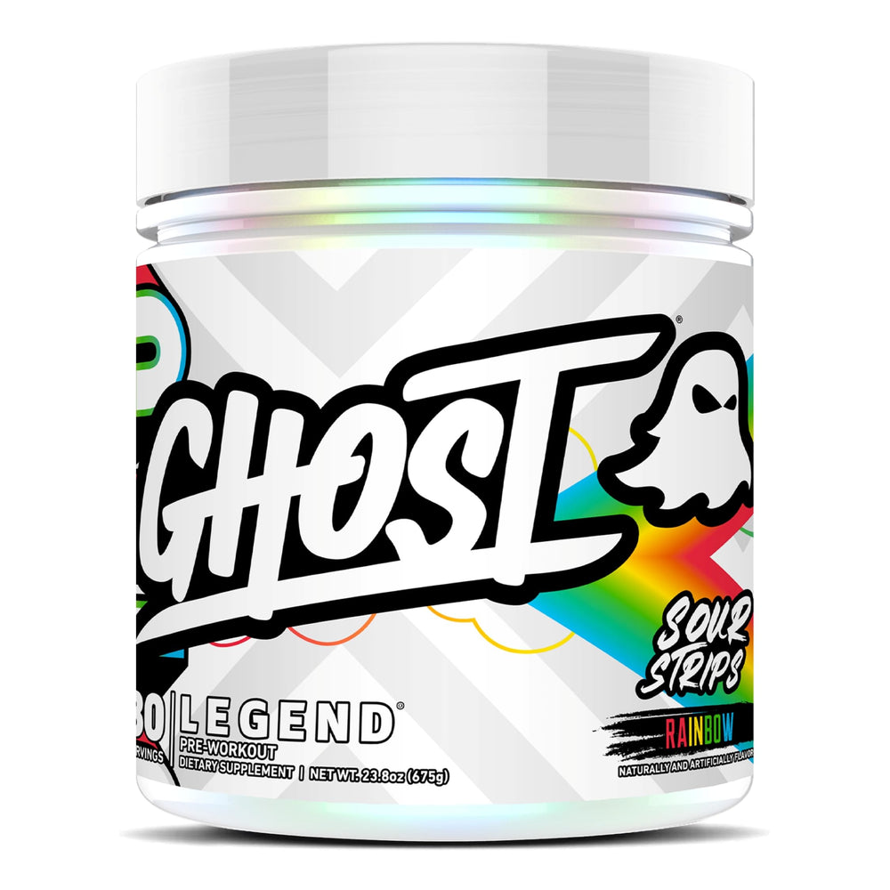 GHOST Legend front tub showing label and Sour Strips flavor for clear product ID and appeal