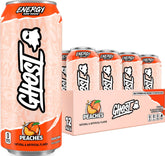 GHOST Peaches 12-pack front view showing cans and branding for convenient stocking
