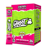 GHOST front packaging of Warheads Sour Watermelon 24 sticks showing branding and flavor benefits
