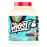 GHOST whey x cinnabon tub front view showing label and 5 lb size benefit