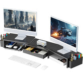 gianotter front view dual monitor stand riser showing organized workspace benefit