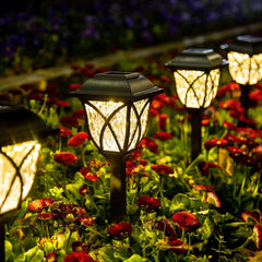 GIGALUMI front view of six solar lights showing packaging and ready-to-install set