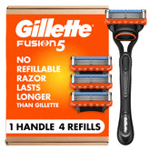 Gillette Fusion5 front packaging showing included handle and four refills for convenience