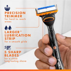 Gillette Fusion5 lubrication strip detail showing enlarged strip for improved glide