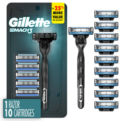 Gillette Mach3 front packaging showing razor and ten refills for long-lasting supply
