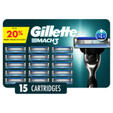 Gillette Mach3 front packaging showing 15 blade refills for value