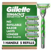 Gillette Mach3 Sensitive front packaging showing kit benefits and contents