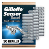 Gillette Sensor Excel front packaging showing 30 cartridges and value