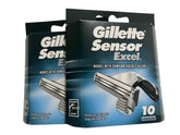 Gillette Sensor Excel front packaging showing 2×10 cartridge value pack, clear identification benefit