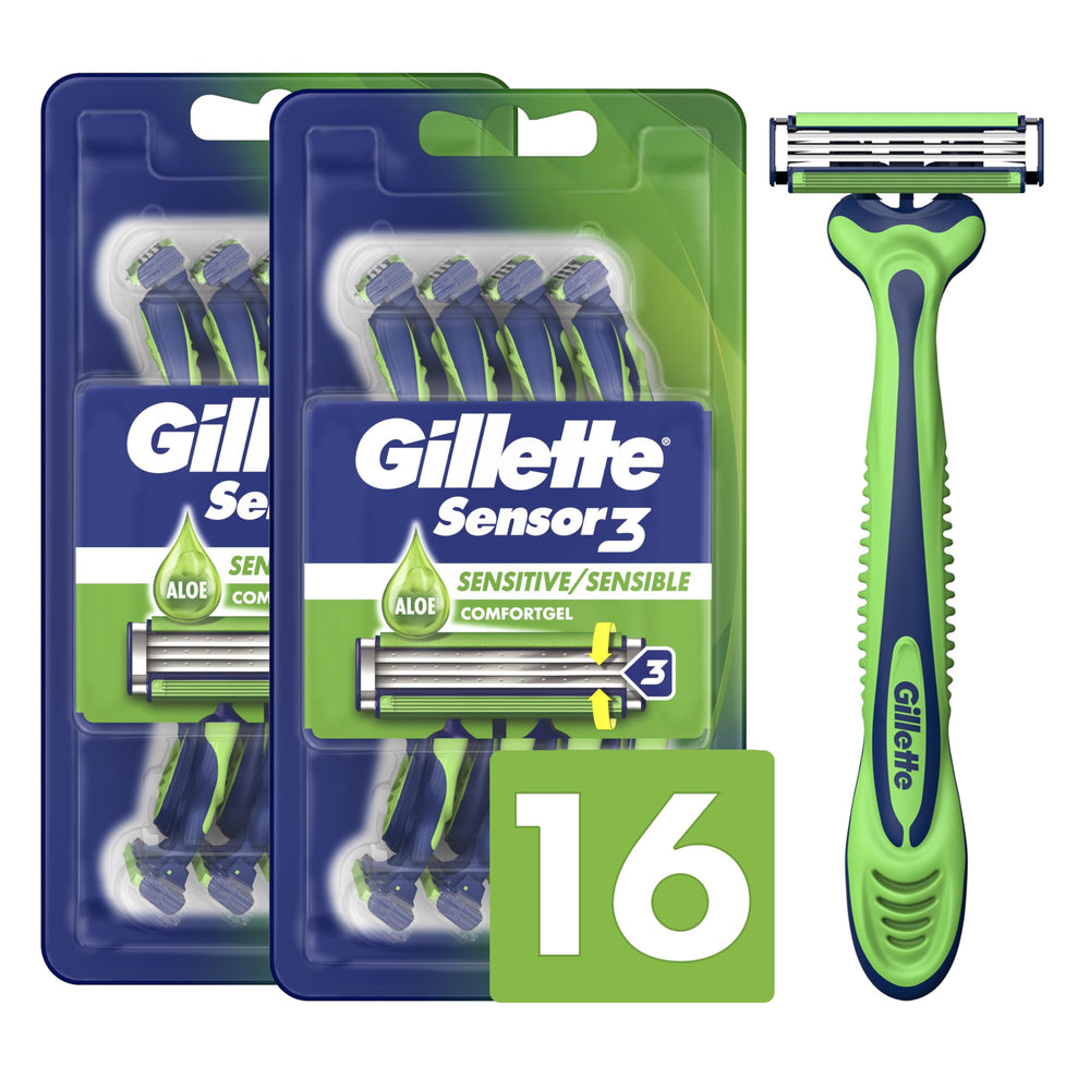 Gillette Sensor3 Sensitive front packaging showing product and count benefit
