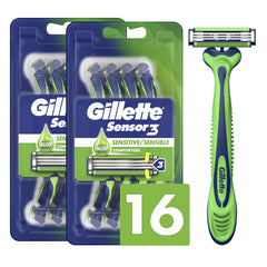 Gillette Sensor3 Sensitive front packaging showing product and count benefit