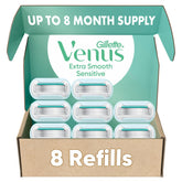 Gillette Venus front packaging showing eight refill cartridges and product benefits