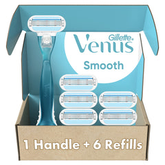 Gillette Venus front packaging showing handle and six refills, convenient starter kit