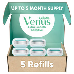 Gillette Venus front packaging showing five refill cartridges and clear branding for convenience