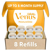 Gillette Venus front packaging showing eight refill cartridges, convenient replacement