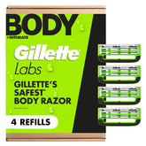 GilletteLabs pack front showing four cartridges and easy replacement benefit