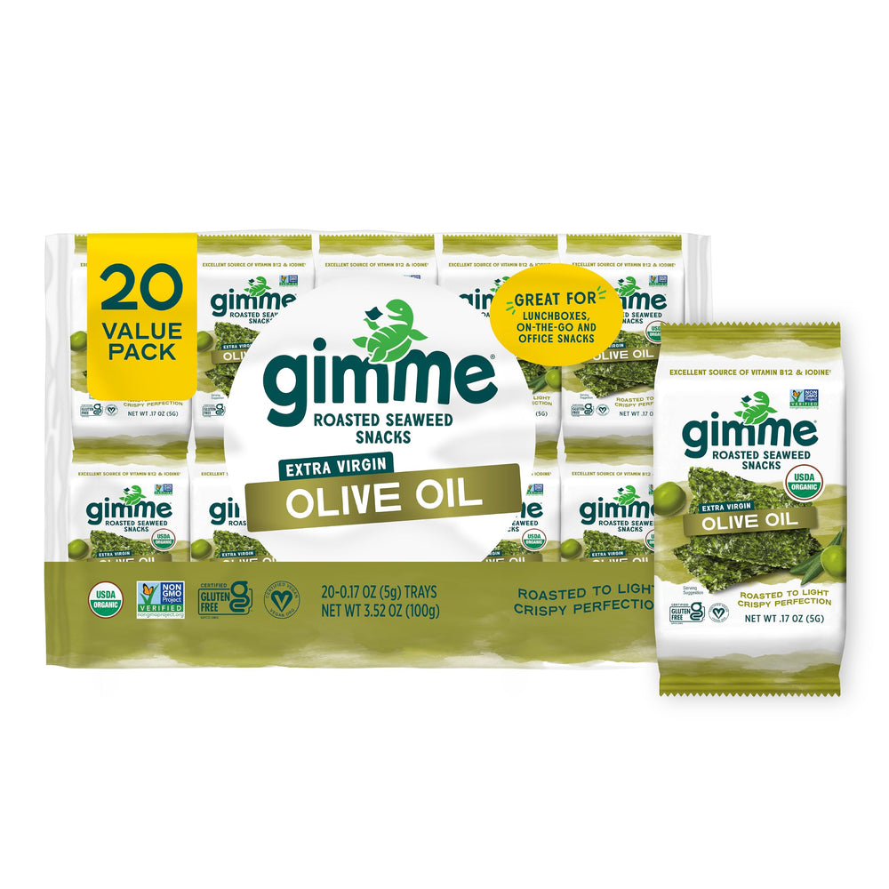 gimMe front packaging showing 20-count extra virgin olive oil packs and benefits