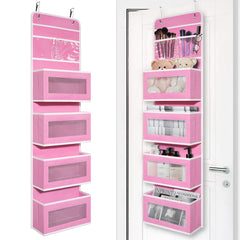 Giraffe Creation front view of pink over-door organizer showing four clear pockets, keeps nursery items visible