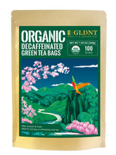 GLDNT front packaging showing organic decaf green tea benefits