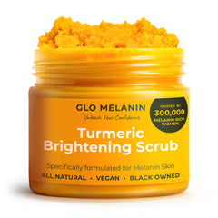 Glo Melanin jar front view showing product packaging and brightening scrub benefits