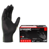 GLOVEWORKS box front view showing 100 black nitrile gloves, professional look