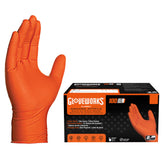 GLOVEWORKS front box of orange nitrile gloves showing quantity and color benefit