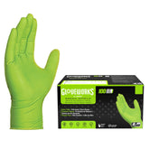 GLOVEWORKS front box view showing durable 8 mil nitrile gloves