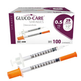 GLUCO-CARE front box packaging showing 100 syringes for easy stocking benefit
