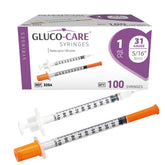 GLUCO-CARE front packaging showing 100 syringes, convenient bulk supply