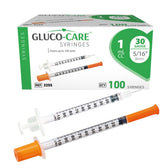 GLUCO-CARE front packaging showing box of 100 syringes for reliable bulk supply