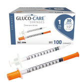GLUCO-CARE front packaging showing box of 100 syringes and benefits