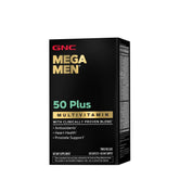 GNC Mega Men 50 Plus front bottle showing supplement benefits