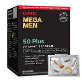 GNC front packaging of Mega Men 50 Plus showing 30 packets and benefits
