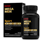 GNC Mega Men Sport bottle front view showing clear branding and benefits