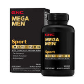 GNC Mega Men Sport front label showing product benefits and 180 count benefit