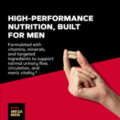 GNC Mega Men tablet next to coin showing size comparison for dosing ease