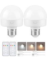 GOEBLESON front view of two E26 rechargeable bulbs showing design and easy swap