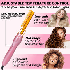 Goiple hot comb in use on a human-hair wig demonstrating frizz reduction benefit