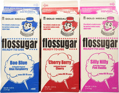 Gold Medal front carton trio showing blue raspberry pink vanilla and cherry, vibrant colors for eye-catching cotton candy