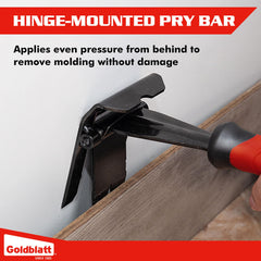 Goldblatt tool prying a baseboard in use demonstrating cleaner removal and less wall damage