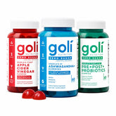 Goli front packaging of zero sugar trio showing three bottles and benefits