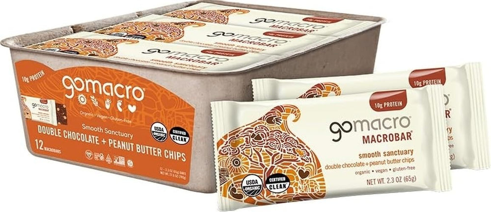 GoMacro front packaging showing double chocolate peanut butter chips and benefits