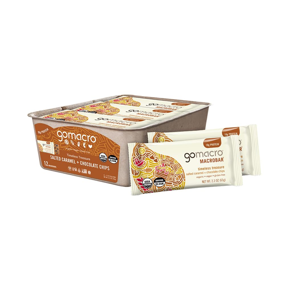 GoMacro front packaging showing 12-count Salted Caramel + Chocolate Chips and organic badges for quick recognition
