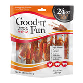 GOOD 'N' FUN front packaging of Triple Flavor Wings showing 24 oz bag and branding benefit flavorful chews