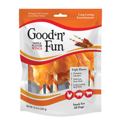 Good 'n' Fun close-up of layered chicken and hide texture, highlighting durable chew appeal