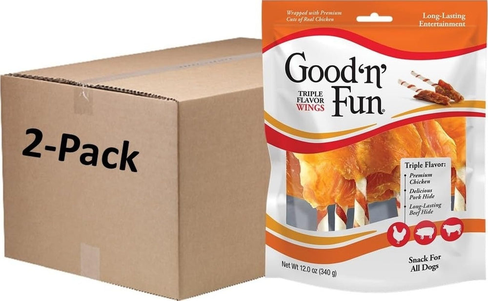 Good 'n' Fun front packaging showing two 12 oz wing treat packs, clear branding and size