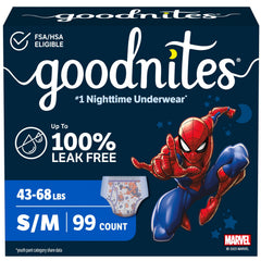 GoodNites front packaging showing Spider‑Man and benefits
