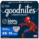 GoodNites front packaging showing XS 99 count and overnight benefit
